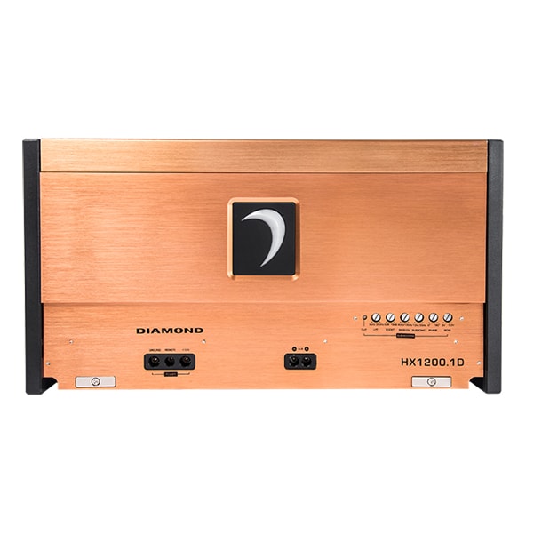 Diamond Audio HX1200.1D 1200 Watt 1 Channel Amp top view with adjustments