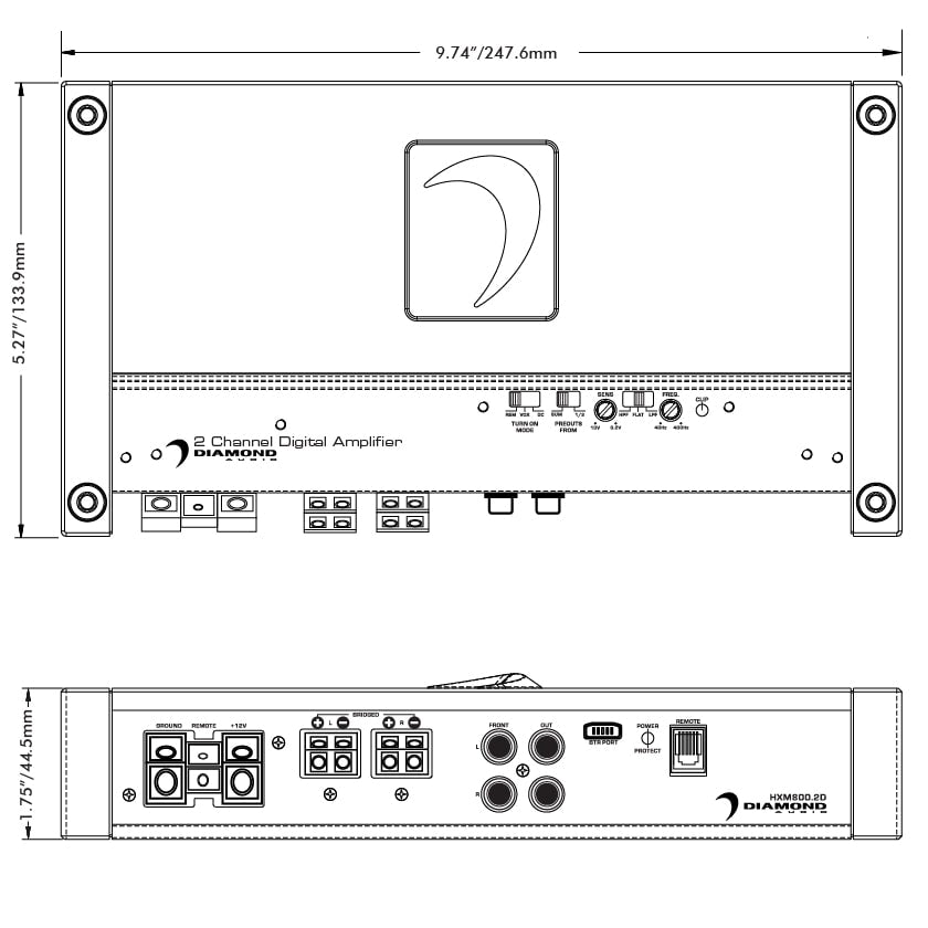 diamond audio hxm800-2d 800 watt 2 channel utv amplifier dimensions